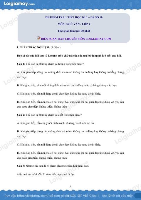 Đề kiểm tra 1 tiết Văn 9 - Đề số 10